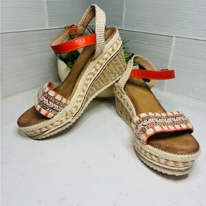 GC Shoes Cheri Orange Multi Wedge Sandals Size 7.5 W Women’s Boho Chain